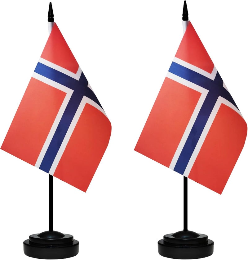 tibijoy Norway Norwegian Deluxe Desk Flag Set Small Mini Miniature Norway Norwegian Table Desktop Flags With Solid Pole, Black Base and Spear Top(2 Pack) - Image 1